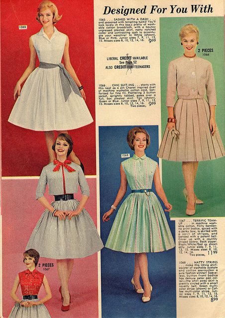 Inspiration: Vintage belts, Elegantly sweet frock fashions from a 1962 Lana Lobell catalog. #vintage #fashion #dress #1960s style fit flare full skirt white green blue tan black bolero crop jacket belt Vintage Fashion 1960s Retro, Lana Lobell, 1962 Fashion, 1960s Aesthetic, Vintage Fashion 1960s, Vintage Catalog, 1960s Design, 1960s Dresses, 1960 Fashion