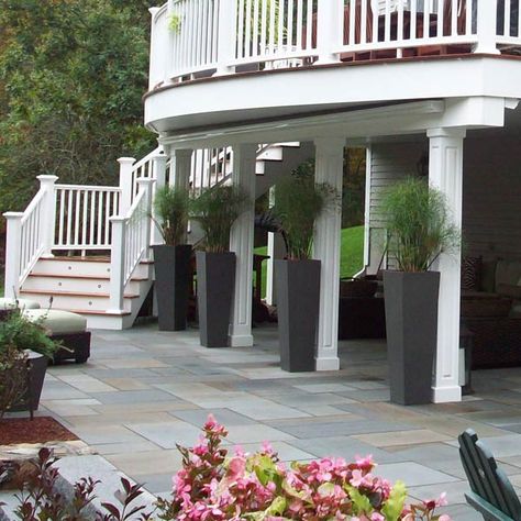 Patio With Retaining Wall, Under Deck Patio, Deck And Patio Ideas, Deck Drainage System, Under Deck Drainage System, Under Deck Drainage, Patio Under Decks, Hot Tub Pergola, Curved Pergola