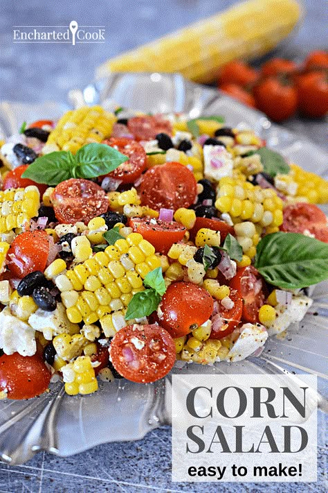 Corn Salad is bursting with summer goodness with fresh corn, cherry tomatoes, black beans, and feta cheese in a homemade lime vinaigrette. Summer Salad With Corn, Corn Salad With Feta Cheese, Salads For Bbq Parties Side Dishes, Salads With Cherry Tomatoes, Recipes Using Fresh Corn, Cherry Tomato Recipes Salad, Cherry Tomatoes Recipes Salad, Salad With Fresh Corn, Roasted Corn Salad