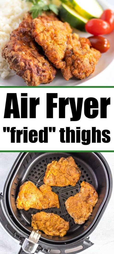 Air Fryer Chicken Thigh Sandwich, Fried Chicken Thighs Air Fryer, Fried Chicken Air Fryer Recipes, Air Fryer Fried Chicken Thighs, Air Fried Chicken Thighs, Air Fryer Boneless Chicken Thighs, Breaded Chicken Thighs, Air Fryer Recipes Chicken Thighs, Fried Chicken Thighs