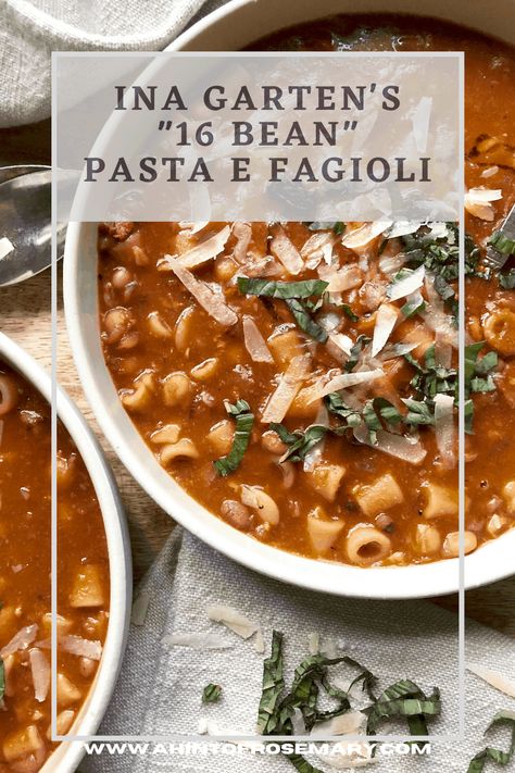 Hearty and flavorful, a bowl of Ina Garten's "16 Bean" Pasta e Fagioli is sure to warm you up on a chilly winter evening. The full-bodied tomato base is laced with bits of delicious pancetta and pasta along with the plentiful beans. ♡ A Hint of Rosemary #soup #soups #stews #dinner #pasta #hearty #ahintofrosemary #pastaefagioli 16 Bean Soup, Rosemary Soup, Pasta E Fagioli Soup, Fagioli Soup, Dinner Pasta, Bean Pasta, Ina Garten Recipes, Pasta Fagioli, Pasta E Fagioli