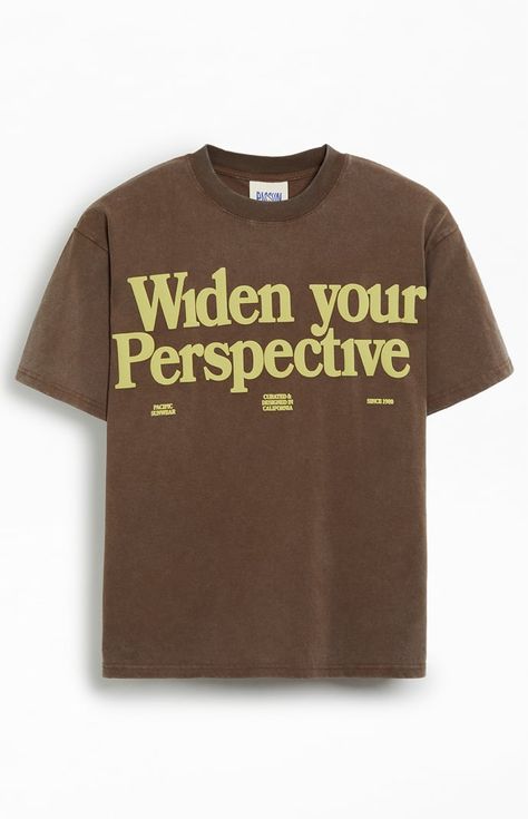 Step into a new perspective with the POV T-Shirt. Designed with a classic crew neckline, short sleeves, and a relaxed fit, it boasts a vintage wash for a timeless look. The front showcases bold "Widen Your Perspective" graphics, making it a statement piece for those who dare to see the world differently.   	Crew neckline 	Short sleeves 	Oversized fit  	Front graphics 	Machine washable School Shirt Designs, Pacsun Mens, Trendy Shirt Designs, Shirt Design Inspiration, Graphic Tee Design, Streetwear Tshirt, Top Graphic Tees, Trendy Shirts, See The World