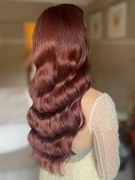 Hollywood Waves Red Hair, Jennifer Hawkins Hair, Hollywood Hair, Hollywood Waves, Long Red Hair, Long Red, Formal Hairstyles, Pearl Headband, Hair And Makeup Artist