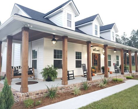 Wood Beams Outside Of House, L Shape Porch Ideas, White Rustic House Exterior, White House Black Windows Wood Accents, White Farmhouse With Shutters, Small Farmhouse Exterior Ideas, Remodel Front Of House, Brick Exterior Farmhouse, Wood And White House