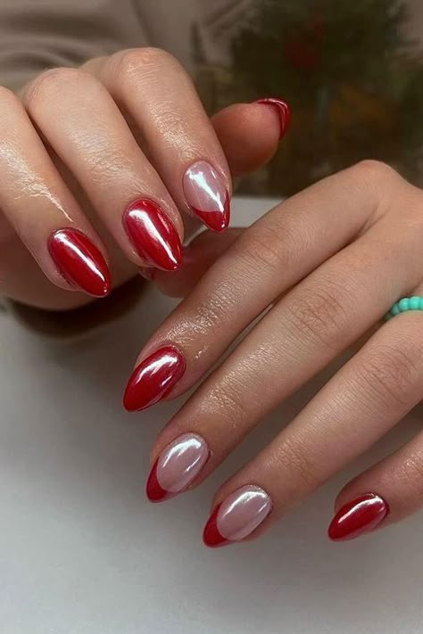 Red Chrome Design Nails, Hoco Nail Ideas Red, Red Crome Nails Acrylic French Tip, Red Nails For Homecoming, Red Nail Designs Simple, Red And Gray Nails, Red Glazed Nails, Red Chrome French Tip Nails, Red Chrome Nails Almond