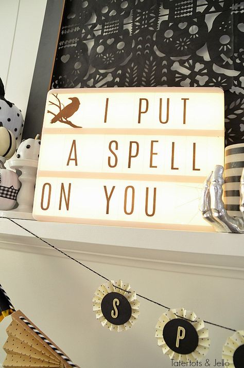 black and white neutral Halloween decorating. Halloween doesn't have to be orange and black. Celebrate this spooky season with black and white neutral decor. Project ideas! Halloween Light Box Ideas, Halloween Marquee Sign, Lightboard Quotes, Light Box Quotes Funny, Halloween Mantel Decorating Ideas, Cinema Light Box Quotes, Message Light Box, Lightbox Letters, Lightbox Quotes