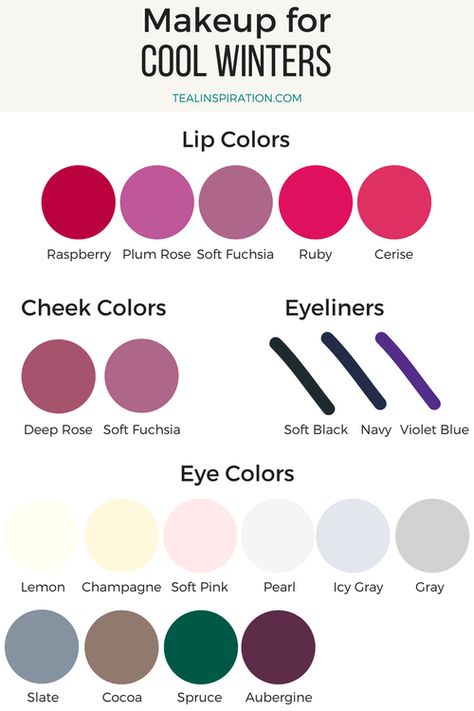 Cool Winter Makeup Colors Warm Spring Makeup, Winter Make-up, Warm Spring Color Palette, Soft Autumn Makeup, Teal Inspiration, Light Spring Color Palette, Winter Make Up, Cool Winter Color Palette, Deep Winter Palette