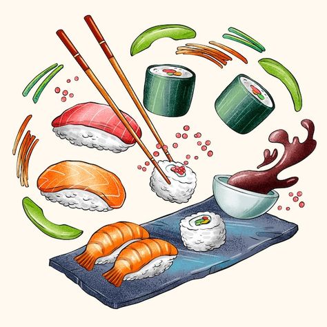 Sushi Illustration Graphics, Sushi Art Drawing, Sushi Sketch, Sushi Artwork, Sushi Painting, Sushi Tattoo, Sushi Vector, Sushi Illustration, Sushi Drawing