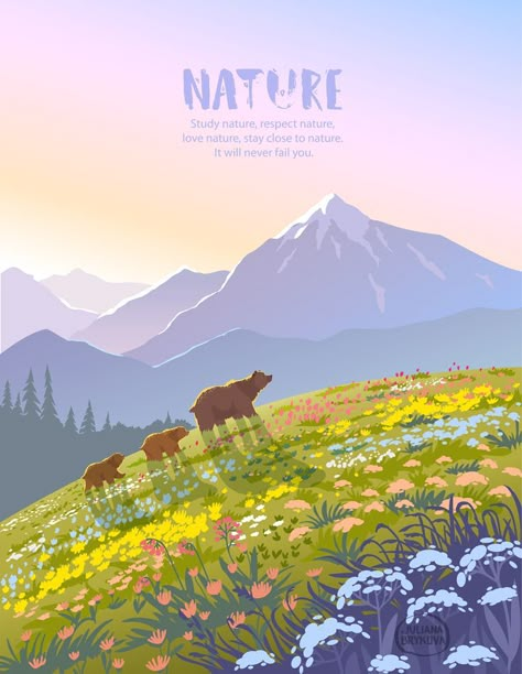 Vector illustration Beautiful view on a mountains and bear families Bear Hiking Illustration, Beautiful Landscapes To Draw, Cute Art Landscape, Illustrator Landscape Vector, Mountain Forest Illustration, Cute Mountain Illustration, Mountain Illustration Art, Cute Landscape Illustration, Cute Nature Illustration