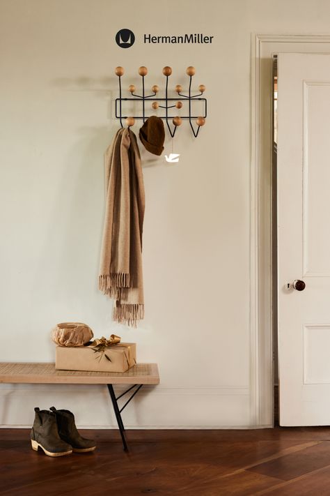 a coat rack with a hat and a scarf hanging on it Cane Bench, Nelson Bench, Hang It All, Feet Pillow, Plywood Siding, Wire Chair, His Office, Lounge Chair Design, Metal Dining Chairs