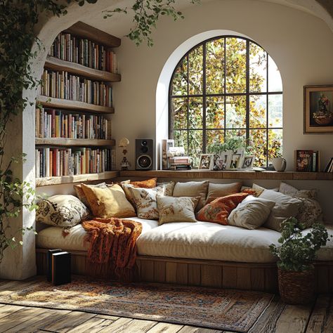 How to Create the Perfect Reading Nook - Large Reading Nook, Reading Nook Guest Bed, Reading Nook Room Ideas, Reading Nook In Playroom, Home Book Nook Ideas, Cozy Writing Nook, Built In Lounge Seating, Loft Reading Area, Reading Nook In Office