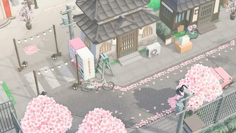 Acnh Pink City Path, Japan Core Animal Crossing, Acnh Pink Japanese, Acnh Modern Japanese Island, Acnh Sakura Island, Japanese City Core Acnh, Acnh City Layout, Acnh Pink Citycore, Acnh Pastel Citycore