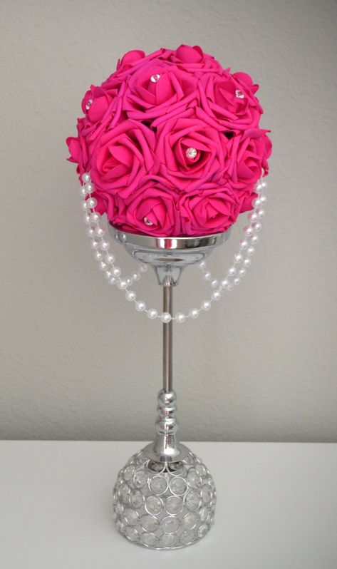 Xv Centerpieces, Crown Centerpiece, Hot Pink Wedding, Blue Wedding Centerpieces, Pearl Centerpiece, Fuchsia Wedding, Hot Pink Weddings, Flower Girl Bouquet, Birthday Party Centerpieces