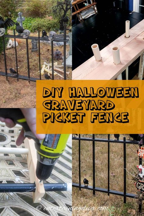 How to Make a DIY Halloween Cemetery Picket Fence | Holidays and events Diy Halloween Cemetery, Diy Halloween Graveyard, Halloween Fence, Halloween Cemetery, Halloween Outdoor Decoration, Outdoor Halloween Decor, Yard Haunt, Halloween Graveyard, Homemade Halloween Decorations