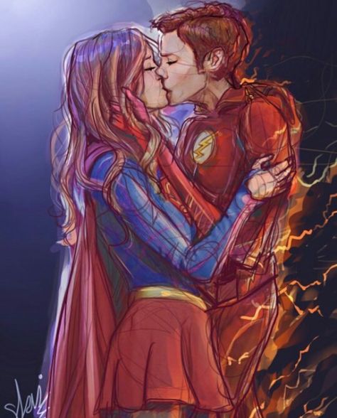 Barry Kissing Kara Supergirl Drawing, Art Adventure Time, Superhero Shows, Superhero Toys, The Flash Grant Gustin, Univers Dc, Supergirl And Flash, Arte Dc Comics, Dc Legends Of Tomorrow