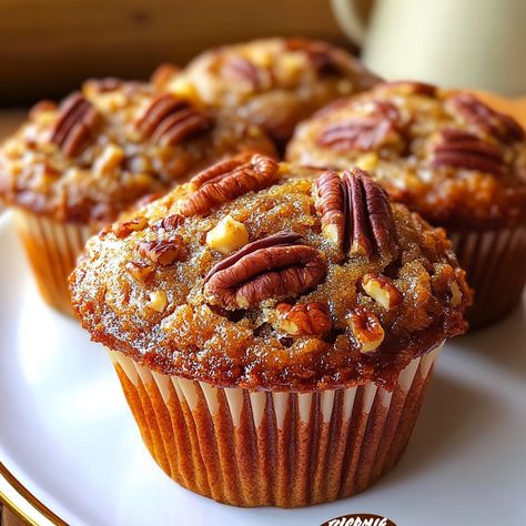 Pecan Pie Muffins Banana Pecan Muffins, Pecan Muffins Recipe, Moist Banana Muffins, Pecan Pie Muffins, Pie Muffins, Pecan Muffins, Pie Flavors, Chocolate Pecan Pie, Spiced Pecans