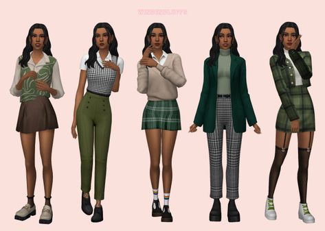 Green Academia 🦎🧪 Ts4 Lookbook Maxis Match, Sims 4 Cc Green Clothes, Sims 4 Base Game Outfits Ideas, Dark Academia Skirt, Green Academia, Dark Academia Outfits, Dark Academia Clothes, Academia Clothes, Academia Outfits