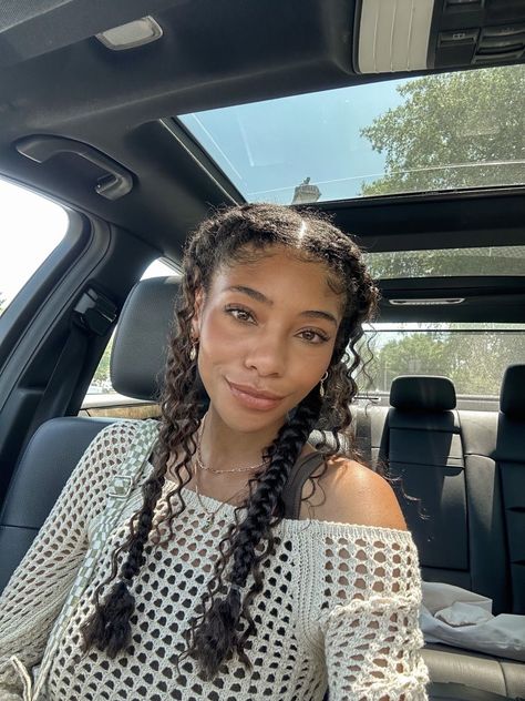 Curly Hair With Some Braids, Curly Hair Loose Braid, Two Braids Hairstyle Curly Hair, Earth Day Hairstyles, Curly Natural Braids, Curly Braid Ideas, Natural Hair Styles Summer, Two Braids On Curly Hair, Curly Hair And Braids Hairstyles