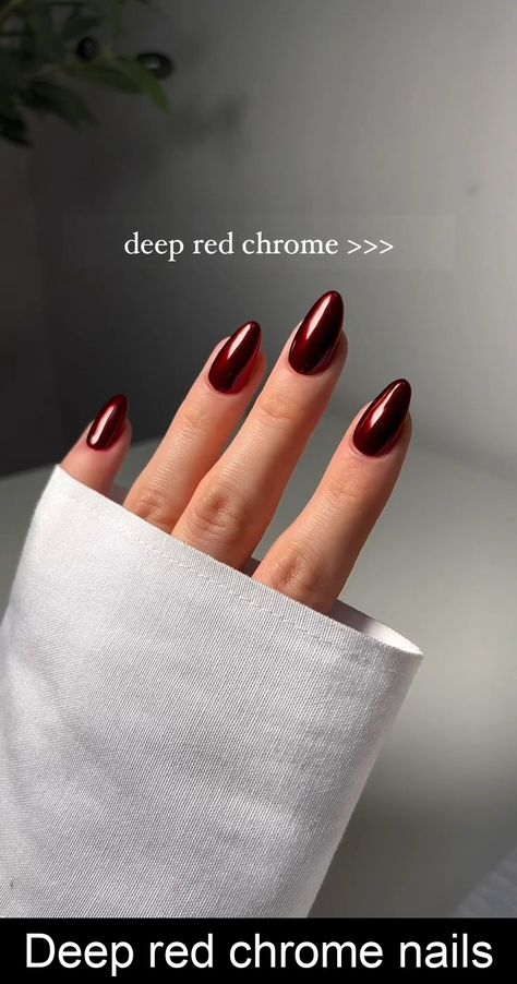 IG:@jessicawhitenailartist Maroon Chrome French Tip Nails, Shiny Burgundy Nails, Holiday Birthday Nails, Nail Burgundy And Gold, Wine Nails Chrome, Dark Red Metallic Nails, Chrome Red Nail, Cinnamon Chrome Nails, Dark Red Velvet Nails