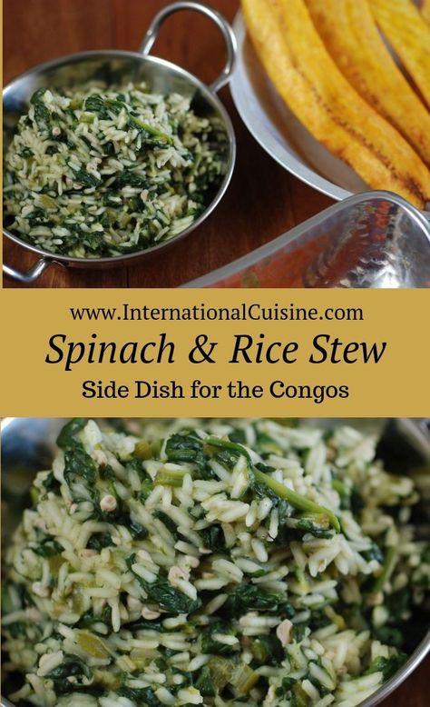 This is a delicious side dish or main vegetarian dish that is typical in the Congo.   Why  not try something a bit different, you just might be surprised. #congo #spinachrecipe #ricerecipe #africanfood #congofood #congocuisine #congorecipe #internationalcuisine #worldfood Congo Food Recipes, Congolese Food Recipes Congo, Congolese Recipes, Congo Recipe, Congo Food, Rice Stew, Vegetarian Main Dish, Around The World Food, Africa Food