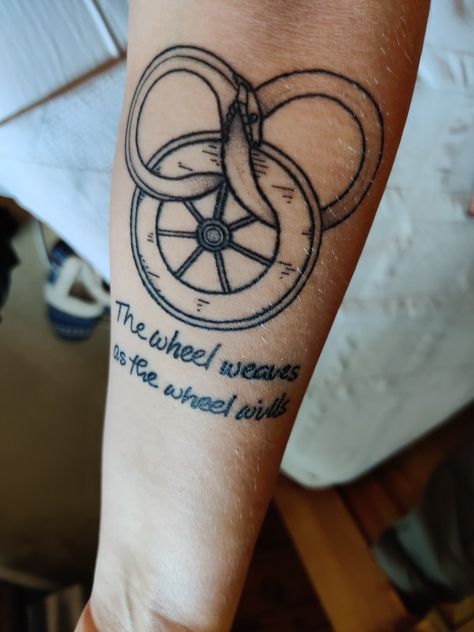 My first WoT tattoo Wheel Of Time Tattoo Ideas, Wheel Of Time Tattoo, Wheel Of Time Aiel, Wheel Of Time One Power, Wheel Of Time Egwene, Wheel Tattoo, Left Arm Tattoos, Wheel Of Fortune, Time Tattoos