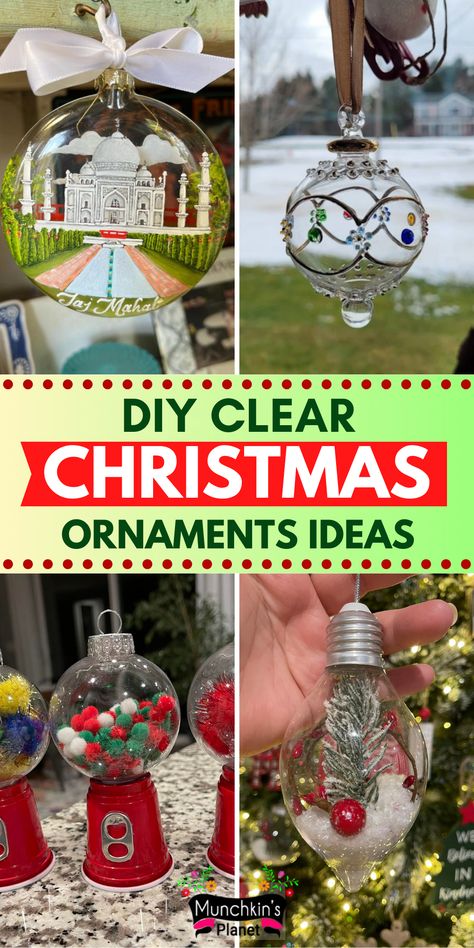 clear christmas ornaments diy Diy Ball Ornament Ideas, Round Christmas Ornaments Diy, Manly Christmas Ornaments Diy, Diy Round Ornaments Christmas Balls, Clear Christmas Bulb Craft Ideas, Clear Ornament Decorating Ideas, Clear Disk Ornaments Diy, Plastic Clear Ornament Crafts, Clear Christmas Ornaments Diy Kids