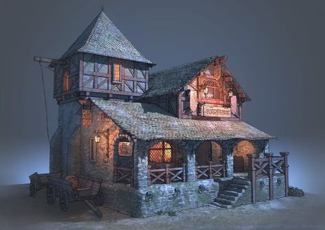 Medieval Tailor Shop, Medieval Tavern Art, Medieval Tavern Exterior, Medieval Fantasy Building Concept Art, Medieval Tavern Concept Art, Medieval Butcher Shop, Fantasy Tavern Concept Art, Fantasy Tavern Exterior, Enshrouded Build Ideas