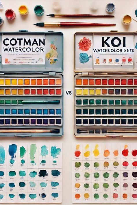 A vibrant comparison of Cotman and Koi watercolor sets, featuring an array of colorful paints and swatches, highlighting the differences between the two brands for artists. Koi Watercolor, Watercolor Galaxy, Watercolor Paint Set, Watercolor Set, Pigment Coloring, Perfect Palette, Painting Tips, The Battle, Painting Style