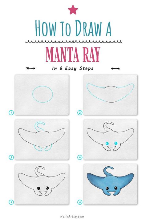 Step by step images demonstrating how to draw a Manta Ray Drawing - A Drawing Lesson for Kids! How To Draw A Stingray Step By Step, Manta Ray Drawing Easy, Cute Manta Ray Drawing, How To Draw A Stingray, Draw Stingray, Aquatic Doodles, Doodles People, Manta Ray Drawing, Cute Manta Ray