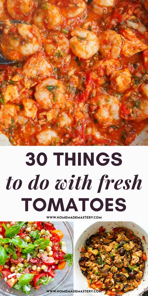 Delicious, quick and easy fresh tomato recipes. These are perfect if you have ripe tomatoes at home and wonder what to do with lots of tomatoes. The collection includes tomato salad recipes, one-pan tomato dinner recipes and tomato pasta recipes! Tomato Based Dinner Recipes, Recipe That Uses Lots Of Tomatoes, Recipes That Use Roma Tomatoes, Tomato Base Recipes, Ways To Use Up Tomatoes, Recipes For Lots Of Tomatoes, Garden Tomato Recipes Freezer, Supper Ideas With Tomatoes, Tomato Supper Recipes