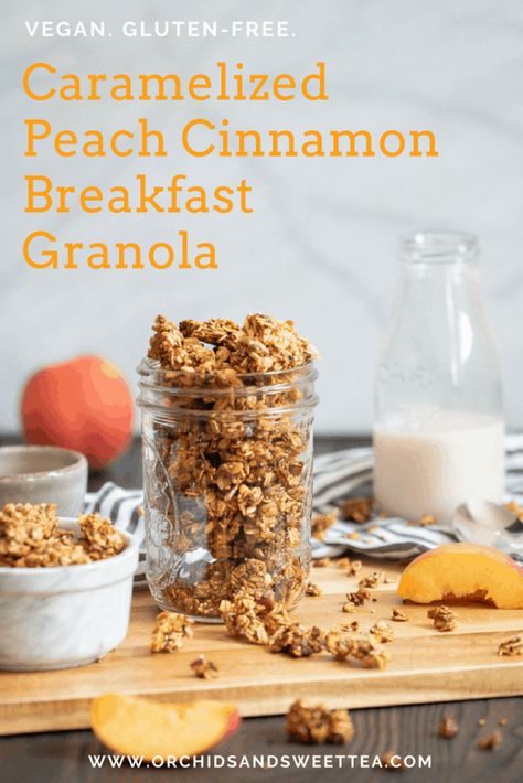 Caramelized Peach Cinnamon Homemade Breakfast Granola Peach Granola, Breakfast Granola Recipes, Cinnamon Granola Recipe, Bakery Goodies, Dairy Free Biscuits, Caramelized Peaches, Breakfast Granola, Cinnamon Granola, Cinnamon Breakfast