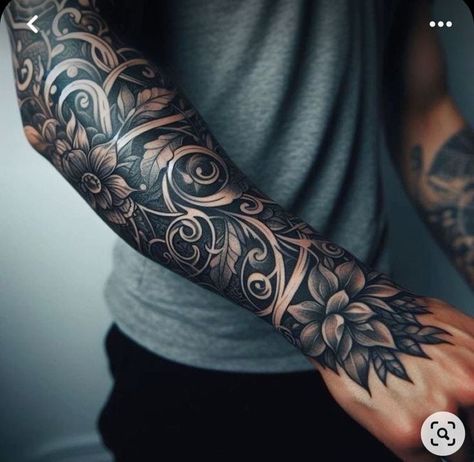 Forearm Sleeve Tattoos For Men, Cover Up Tattoos For Men Arm, Arm Cover Up Tattoos, Cover Up Tattoos For Men, Black Sleeve Tattoo, Men Flower Tattoo, Geometric Tattoo Sleeve Designs, Filigree Tattoo, Rose Tattoos For Men