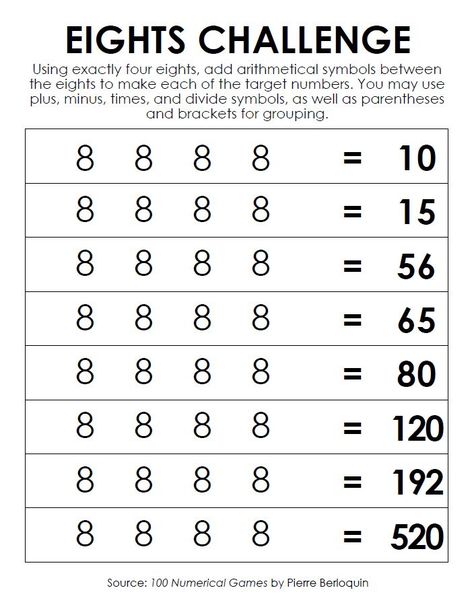 Eights Challenge | Math = Love Maths Challenges, Math Early Finishers, Math Logic Puzzles, Fun Math Worksheets, Beginning Math, Divergent Thinking, Math Enrichment, Maths Worksheets, Learn Math