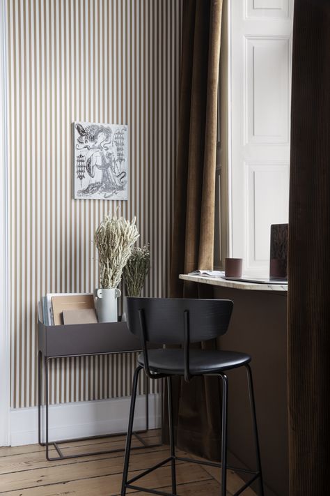 Ferm Living Home | AW 18 - Only Deco Love Ferm Living Wallpaper, Design Online Shop, Bar In Casa, Plant Box, Lines Wallpaper, Cosy Corner, Counter Chairs, Brown Living Room, Ferm Living