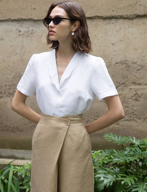 10 Affordable Brands That Are Similar to Chanel | Who What Wear Linen Outfits For Women, Office Tops, Linen Outfits, Ladylike Dress, Uniform Ideas, Eloquii Dress, Scalloped Collar, Short Sleeve Linen Shirt, Pixie Market