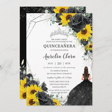 Birthday Party Invitations Diy, Quinceañera Invitation, Silver Invitation, 16th Birthday Invitations, Princess Invitations, Gold And Black Dress, East Lake, Quinceanera Party, Quinceanera Invitations