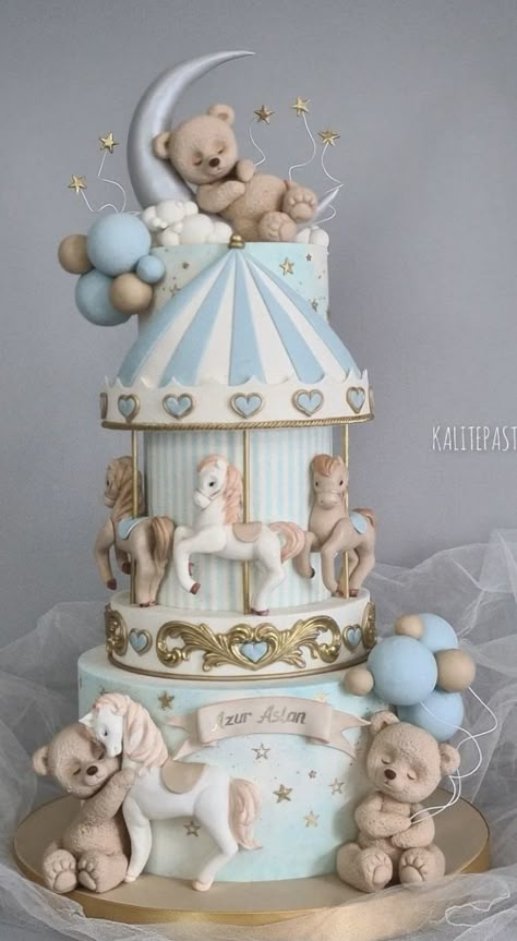 Carrousel Cake, Baby Shower Pasta, Torturi Baby Shower, Impressive Cakes, Super Torte, Horse Balloons, Teddy Cakes, Baby Shower Cake Designs, Carousel Cake