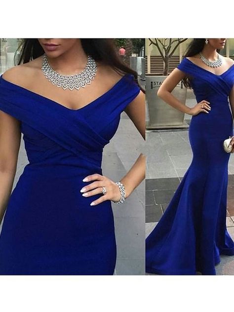 Off-The-Shoulder Sleeveless Sweep/Brush Train With Ruched Dresses - Prom Dresses Blue Satin Prom Dress, Royal Blue Evening Dress, Mermaid Long Bridesmaid Dresses, Blue Evening Gowns, Royal Blue Prom Dresses, Prom Dresses 2018, Affordable Prom Dresses, Satin Prom Dress, Prom Dresses Blue