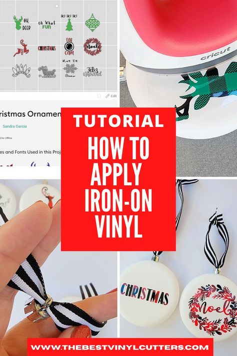 Learn how to use Iron-On vinyl (HTV) with our easy step-by-step tutorial. We will show you how to use an existing project in Cricut Design Space and how to cut the design using your Cricut machine. We share tips on how to weed the HTV and how to apply HTV to your blank flat disc ornament #CricutDIYTutorial #AdhesiveVinyl #DIYBeginnerCricutIdeas #BeginnerProjectIronOnVinyl Cricut Christmas Ornaments, Christmas Tutorial, Cricut Christmas, Htv Vinyl, Cricut Craft Room, Small Words, Cricut Machine, Easy Christmas Diy, Iron On Vinyl