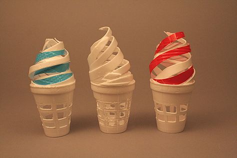 Ice Cream Cones-Styrofoam Cups by funambulism.deviantart.com on @DeviantArt Styrofoam Cup Sculpture Ideas, Paper Cup Sculpture, Styrofoam Cup Sculpture, Ice Cream Sculpture, Cup Sculpture, Recycled Sculpture, Eye Scream, Foam Sculpture, Recycle Sculpture