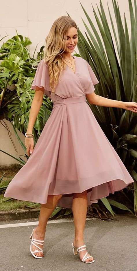 Dusky pink a line skirt midi dress Wedding Guest Dresses Amazon, Dress Cape Sleeve, Dusky Pink Dress, Elegant Chiffon Dress, A Line Skirt Midi, Dress For Weddings, Pink Chiffon Dress, Dress Cape, A Line Cocktail Dress