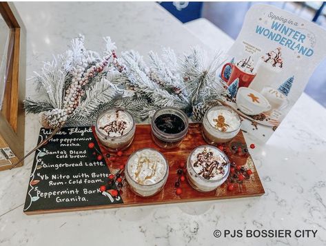 Seasonal coffee flight located in Bossier City, La Coffee Flight Board, Coffee Flights, Coffee Truck Ideas, Drink Flights, Flight Board, Drink Stand, Winter Drink, Coffee Shop Menu, Gingerbread Latte