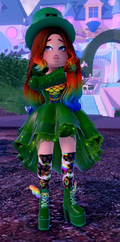 Green Glamour Outfit Royale High, Green Glamor Royale High, Green Glamour Royale High, Royal High Sunset Island Outfits, Royalhigh Outfits, Green Glamour, Leah Ashe, St Patricks Outfit, Skins Aesthetic