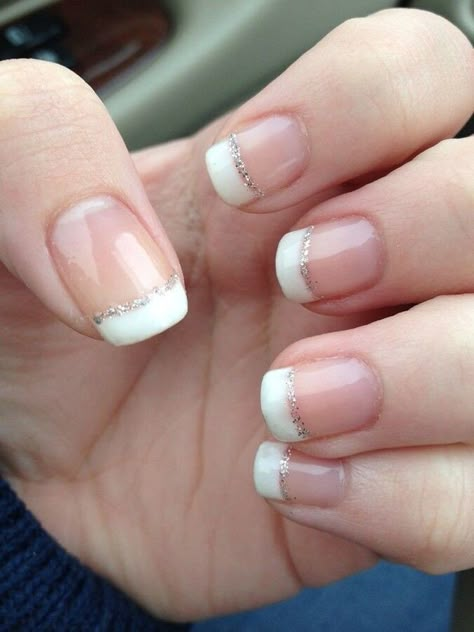 40 Short Nail Designs Perfect For Everyday Wear French Manicure Glitter, French Manicure Gel, White French Tip Nails, Prom Nails French, Prom Nails Silver, Gel Nails French, Emerald Nails, Gel French Manicure, Glitter French Tips