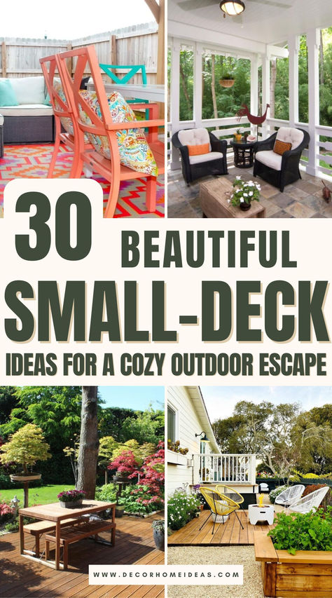 Create your dream relaxation spot with these 30 small-deck design ideas! From chic seating arrangements to smart storage and serene decor, this collection has everything you need to transform your outdoor area into a stylish haven for unwinding, dining, or hosting. Diy Deck Seating Ideas, Small Deck Styling, Small Raised Patio Ideas, Small Deck Seating Ideas, Backyard Deck Designs Layout, Small Deck Design Ideas, Corner Decking Ideas, Deck Layout Ideas Furniture, Small Outdoor Deck Ideas