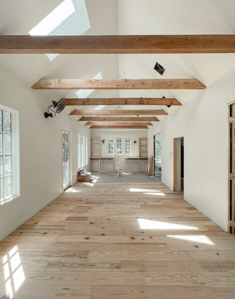 Modern Exposed Beams, Attic With Beams, Glulam Beams Exposed, Small House Tall Ceilings, 900sqft House Interior, Ceiling Beams Kitchen, Loft Beams, Small Farm Cottage, Tiny Modern Cabin