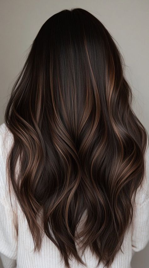 Top 31 Winter Hair Colors for Brunettes: Stylish Ideas to Keep You On-Trend This Season Black Hair With Chestnut Balayage, Balayage Hair Fall 2024, Espresso Balayage Hair, Beige Brown Balayage On Dark Hair, Dark Ash Brown Hair With Lowlights, Dark Brown Hair With Highlights Cool Tone, Dark Brunette With Brown Highlights, Dark Brown Hair For Winter, Tone On Tone Brunette