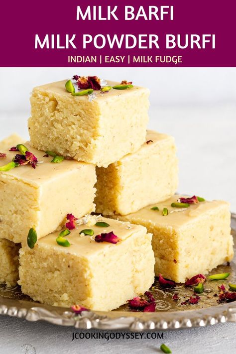 Milk powder burfi, milk barfi or milk burfi squares on a silver plate Kalakand Recipe, Barfi Recipe, Diwali Sweets Recipe, Diwali Snacks, Burfi Recipe, Diwali Sweets, Diwali Food, Sweet Meat, Indian Dessert Recipes