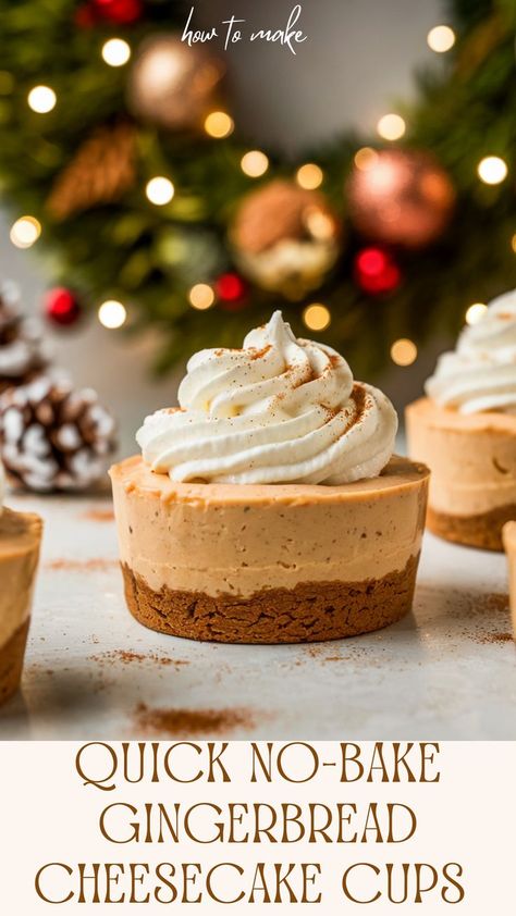 Looking for a show-stopping dessert without all the effort? These no-bake gingerbread cheesecake cups are creamy, festive, and ready in no time! Perfect for holiday gatherings and busy schedules. #HolidayDessert #NoBakeTreats #GingerbreadCheesecake #QuickDesserts #FestiveBaking Holiday Parfait Desserts, No Bake Holiday Cheesecake Recipes, Gingerbread Crust Desserts, Holiday No Bake Cheesecake, Gingerbread No Bake Cheesecake, No Bake Sugar Cookie Cheesecake, Easy Gingerbread Cheesecake, Ginger Bread Desserts, Holiday Party Dessert Table