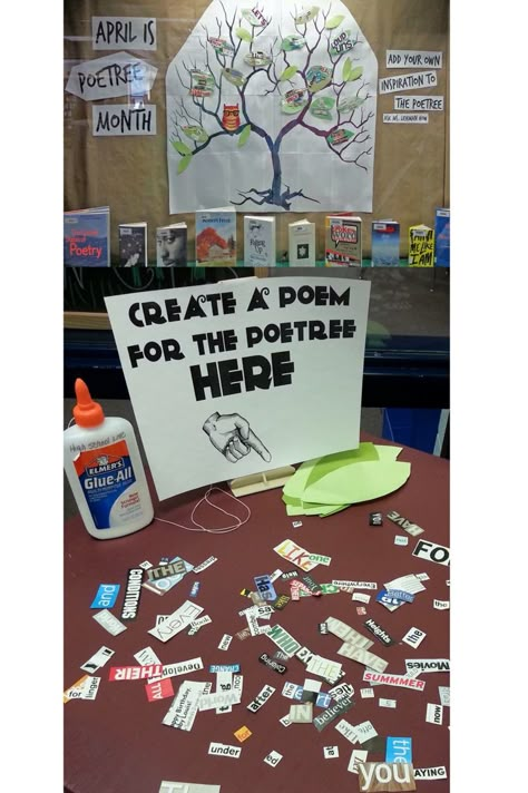 Cute idea for poetry lessons Makerspace Library, Month Ideas, School Library Displays, Library Bulletin Board, Teen Library, Library Media Specialist, Middle School Libraries, School Libraries, Library Book Displays